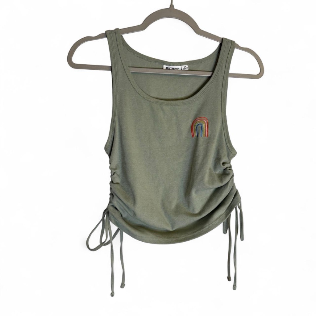 Mighty Fine Sage Green Rainbow Patch Drawstring Indie Boho Crop Top Size M
